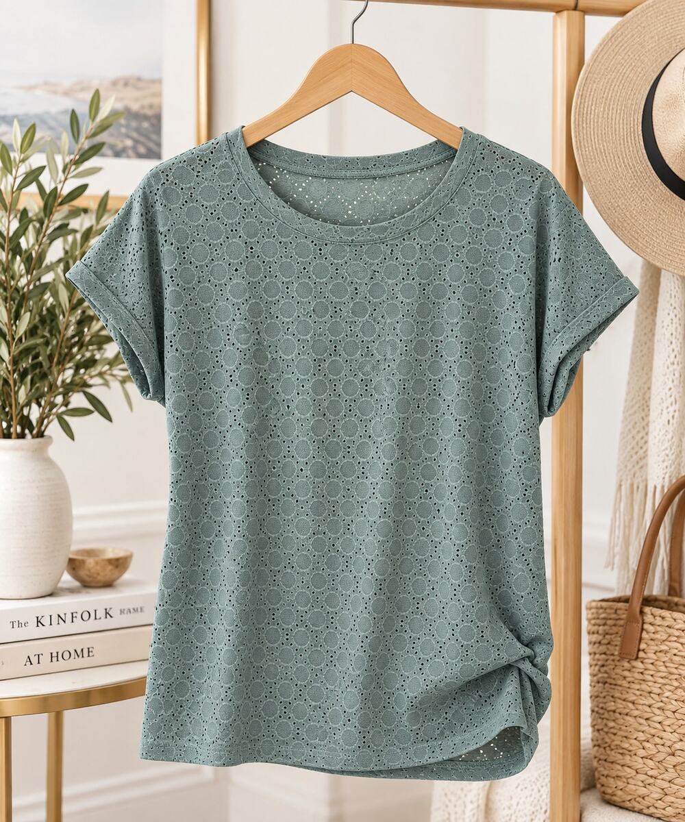 SHEIN Sage Green Eyelet Short Sleeve Top Women’s Size L NWOT